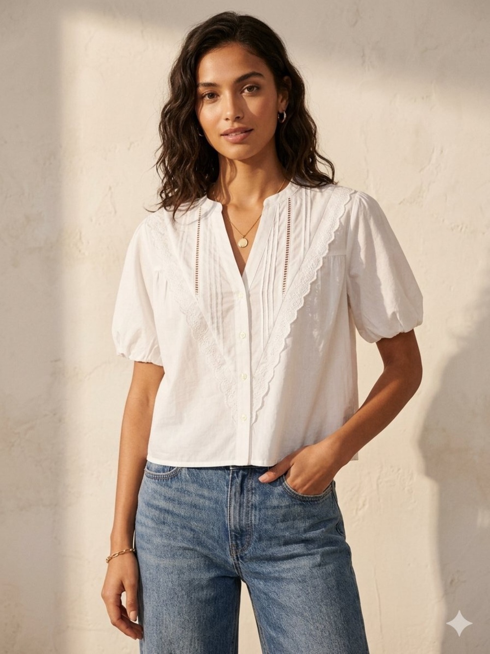 Chelsea & Theodore White Eyelet Lace Ruffle Blouse Medium